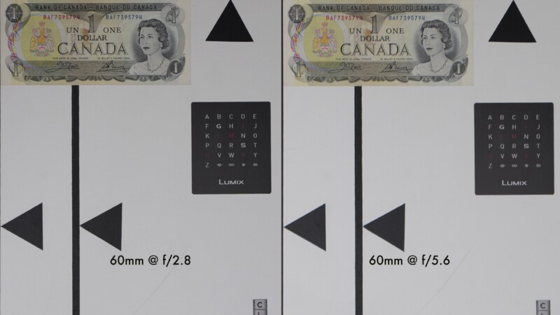 A side-by-side comparison shows two images of a Canadian one dollar bill, a black triangle, and a focus chart taken at 60mm focal length, with one shot at f/2.8 (left) and the other at f/5.6 (right).