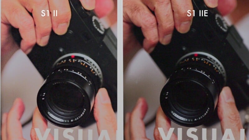 Side-by-side close-up of hands holding a camera, with text above each: "S1 II" on the left and "S1 IIE" on the right. The images show slight differences in focus and clarity.