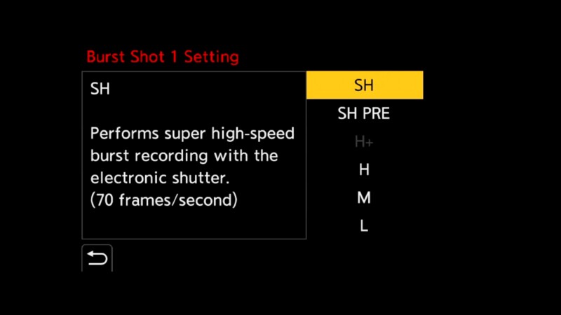 A camera settings screen displays "Burst Shot 1 Setting" with "SH" highlighted. Text explains: "Performs super high-speed burst recording with the electronic shutter. (70 frames/second)." Other options are SH PRE, H+, H, M, and L.