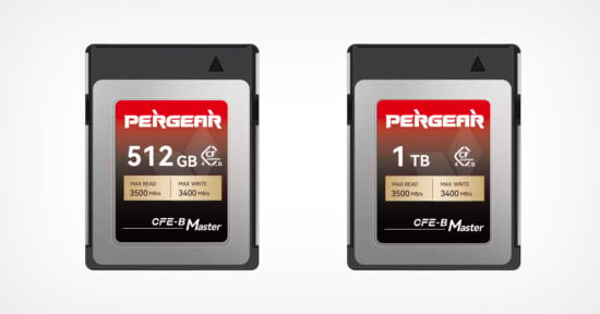 Two Pergear CFexpress Type B memory cards are shown side by side; one has a capacity of 512GB and the other 1TB. Both cards list maximum read speeds of 3500 MB/s and write speeds of 3400 MB/s.