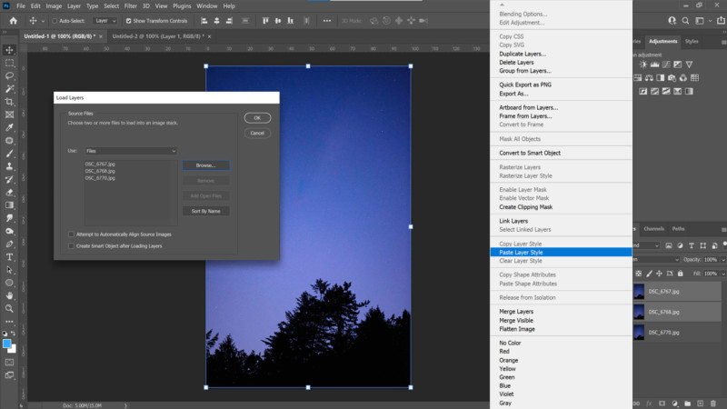 Meteor shower composite image being put together in Photoshop