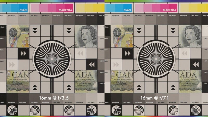 Image showing a side-by-side comparison of two resolution test charts. The left image is labeled "16mm @ f/3.5" and the right image is labeled "16mm @ f/7.1." Both charts feature a circular pattern and color bars.