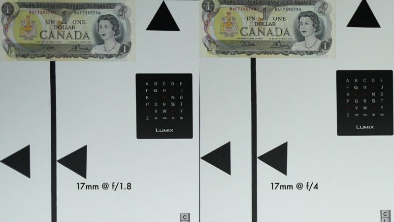 Two comparison images show a Canadian one dollar bill, a test chart, and a focus card. The left side is labeled "17mm @ f/1.8" and the right side "17mm @ f/4," displaying differences in sharpness and clarity.