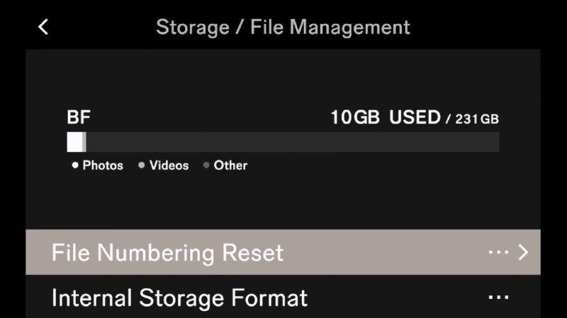 Screenshot of a storage management interface showing "Storage / File Management" at the top. It indicates 10GB used out of 231GB. Options shown include "File Numbering Reset" and "Internal Storage Format.