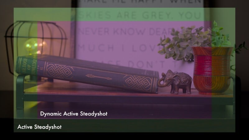 A shelf with a decorative book, a small elephant figurine, a potted plant, and a caged light. Semi-transparent colored overlays and on-screen text read: "Dynamic Active Steadyshot" and "Active Steadyshot.