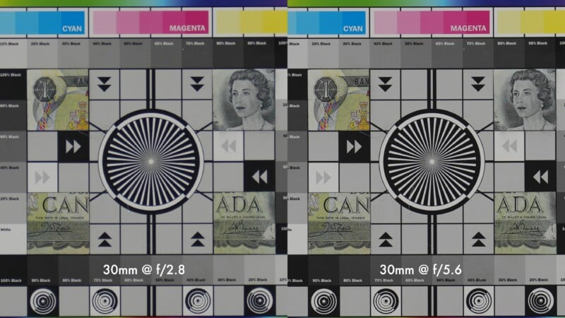 Side-by-side comparison of test charts photographed at 30mm, f/2.8 (left) and 30mm, f/5.6 (right), showing differences in sharpness, contrast, and detail.