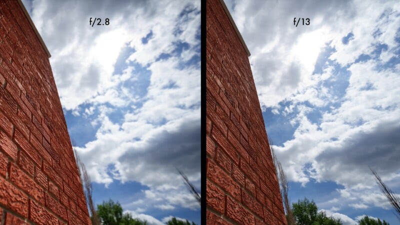 Side-by-side photos of a brick wall against a partly cloudy sky, labeled f/2.8 (left) and f/13 (right), showing the effect of aperture on depth of field and image sharpness.