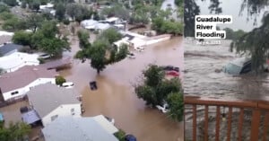 A neighborhood is heavily flooded, with muddy water covering streets and vehicles. On the right, water rushes past a railing, nearly submerging a car. Text reads: "Guadalupe River Flooding, July 4, 2025.