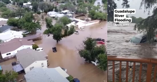 A neighborhood is heavily flooded, with muddy water covering streets and vehicles. On the right, water rushes past a railing, nearly submerging a car. Text reads: "Guadalupe River Flooding, July 4, 2025.