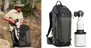 A man in outdoor clothing removes a large camera with a telephoto lens from a black backpack. Next to him is a studio image showing the same backpack beside a professional camera with a long lens.