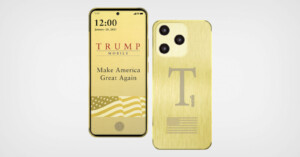 A gold smartphone with "TRUMP MOBILE" and "Make America Great Again" on the screen, alongside an American flag. The back features a large "T", a small flag, and a triple camera setup.