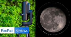 A split image: left side shows a black telescope on a tripod in front of green foliage; right side displays a detailed close-up photo of the Moon with cratered surface, labeled with coordinates and date.
