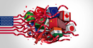 Shipping containers with various country flags, including the US, UK, China, India, Brazil, Canada, Japan, and the EU, surrounded by red ribbons, symbolizing international trade and global connections.