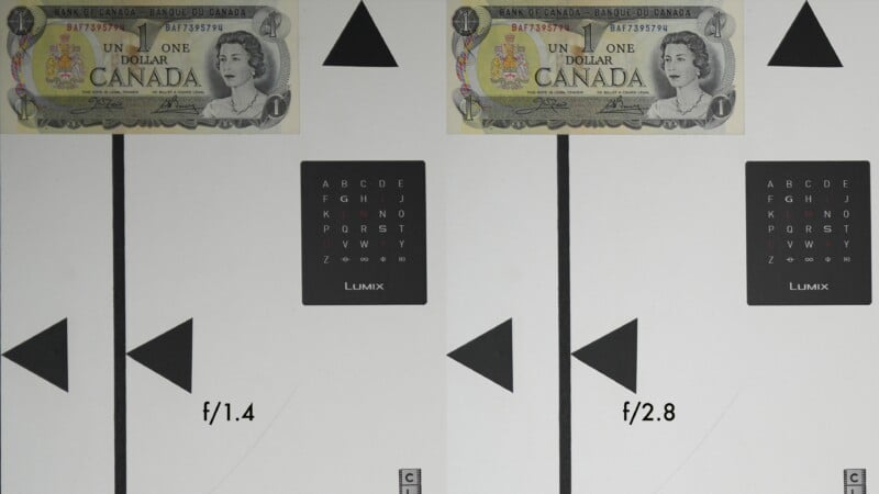 A Canadian one-dollar bill, eye charts, and geometric shapes are displayed above two labeled camera test shots: left at f/1.4 and right at f/2.8, showing differences in sharpness and contrast.