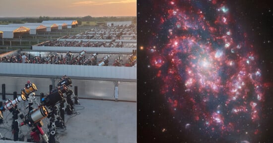 Left: Rows of telescopes set up outdoors at sunset. Right: Colorful image of a galaxy, showing bright clusters of stars and cosmic dust against a dark background.