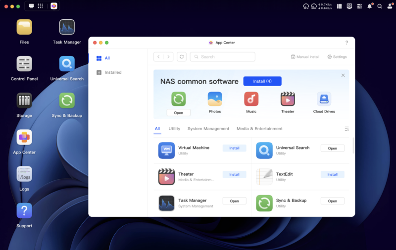 A computer screen displays the App Center window, showing NAS common software options like Photos, Music, Theater, and Cloud Drives, with install and open buttons. The desktop has several app icons on the left side.